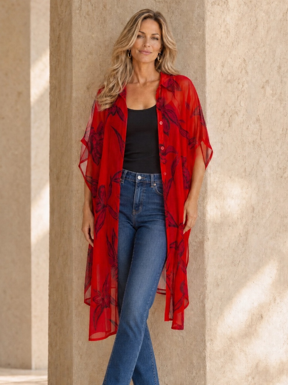 G by Giuliana Red Sheer Floral Duster Topper Kimono Cover-Up M NWOT